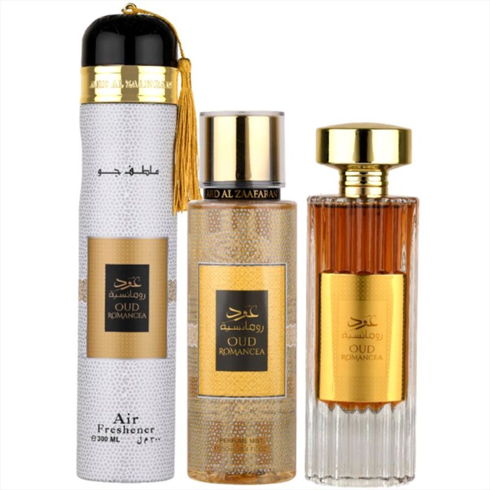 Ard Al Zaafaran Oud Romancea Women Set (3.4 EDP Spr+8.4 BM+10 Air Freshener)-New